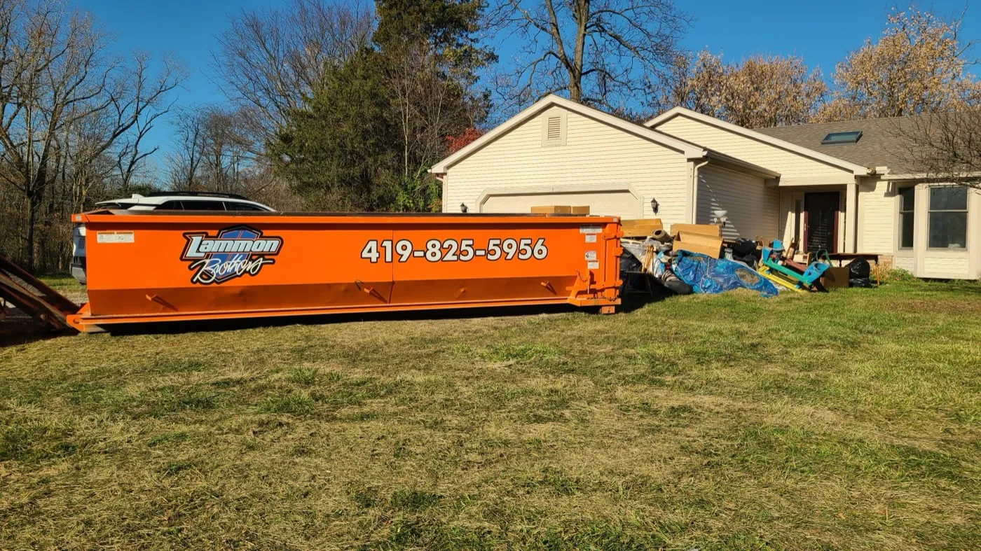 A Lammon Brothers roll-off dumpster on a job in Neapolis, Lucas County, OH.